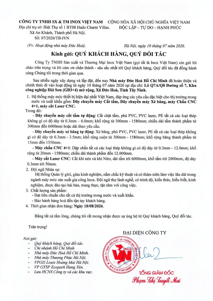 Inox Viet Nam announces the official operation of Duc Hoa Factory – Ho Chi Minh from July 10, 2026, 1 Duc Hoa Factory – Ho Chi Minh officially commences operations on July 10, 2026